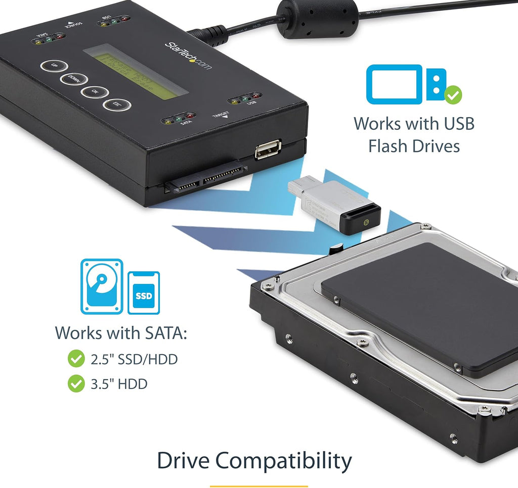 StarTech.com 1:1 Standalone Hard Drive and USB Thumb Drive Duplicator/Eraser, USB Flash and SATA HDD/SSD Disk Cloner/Copier and Wiper, Toolless Sanitizer, LCD Display, TAA Compliant (SU2DUPERA11)
