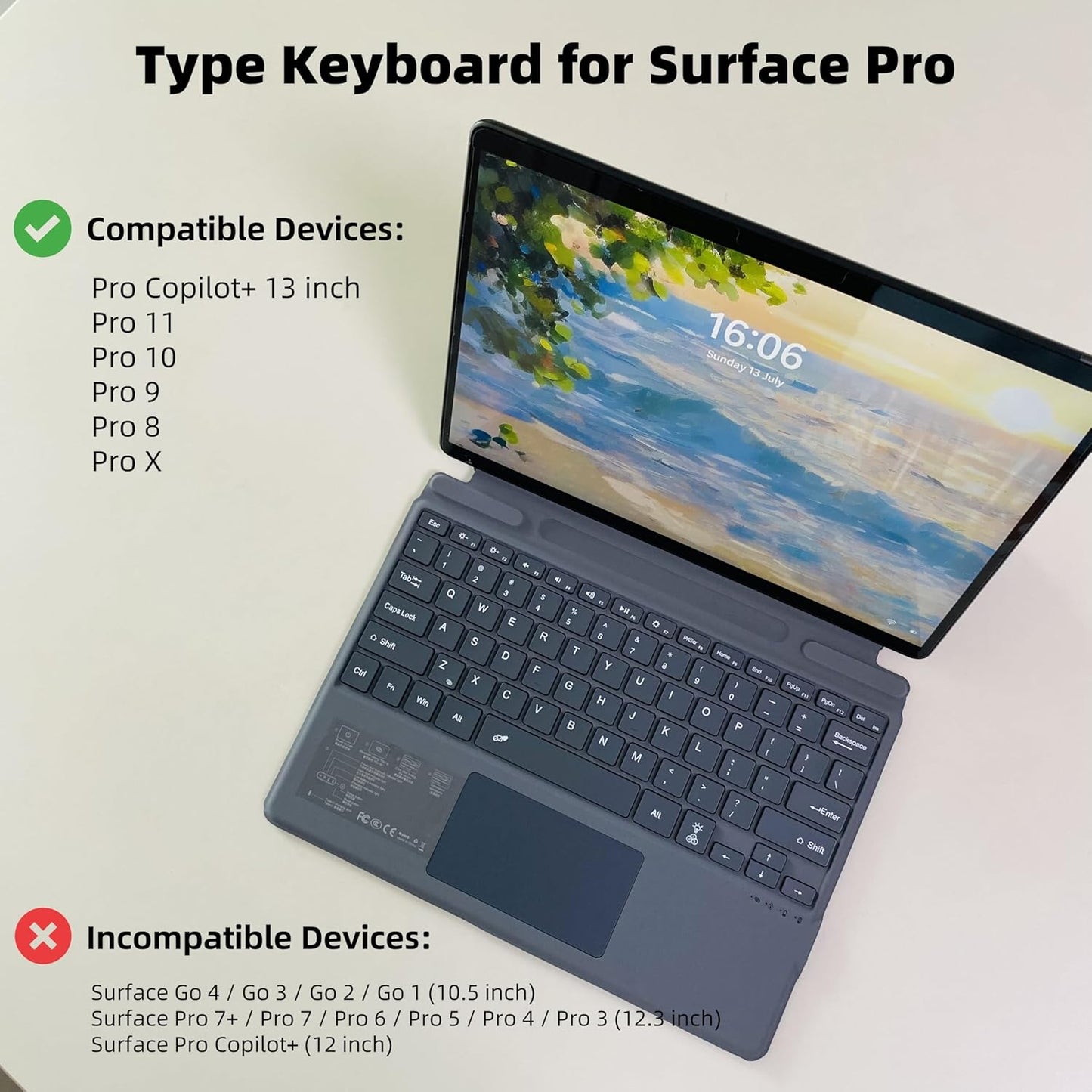 Keyboard for Microsoft Surface Pro Copilot+ (11th Edition) / Pro 11 / Pro 10 / Pro 9 / Pro 8 / Pro X, 13 inch, Detachable Type Cover with Touchpad, 7-Color Backlit & Pen Holder(Grey)