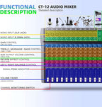 Pro DJ Mixer 12-Channel Audio Console - Bluetooth/USB Streaming, 48V Phantom Power, 3-Band EQ for Live Stage, Recording Studio & Karaoke Systems (CT-12)