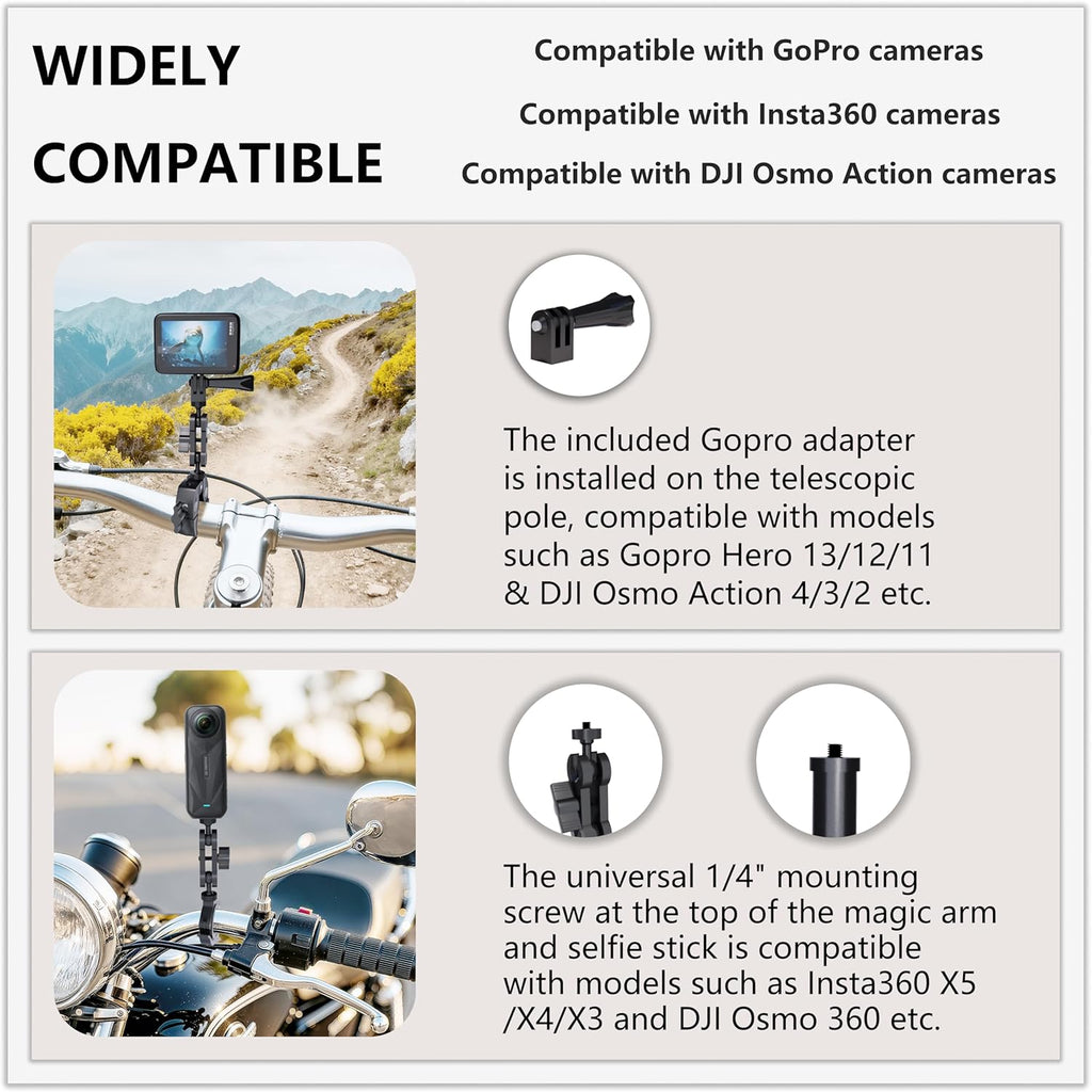 Motorcycle Camera Mount for Insta 360 x5,Adjustable GoPro Bike Extension Pole Kit Compatible with Insta360, GoPro, and DJI Cameras - Designed for Bike and Motorcycle Riding Shots