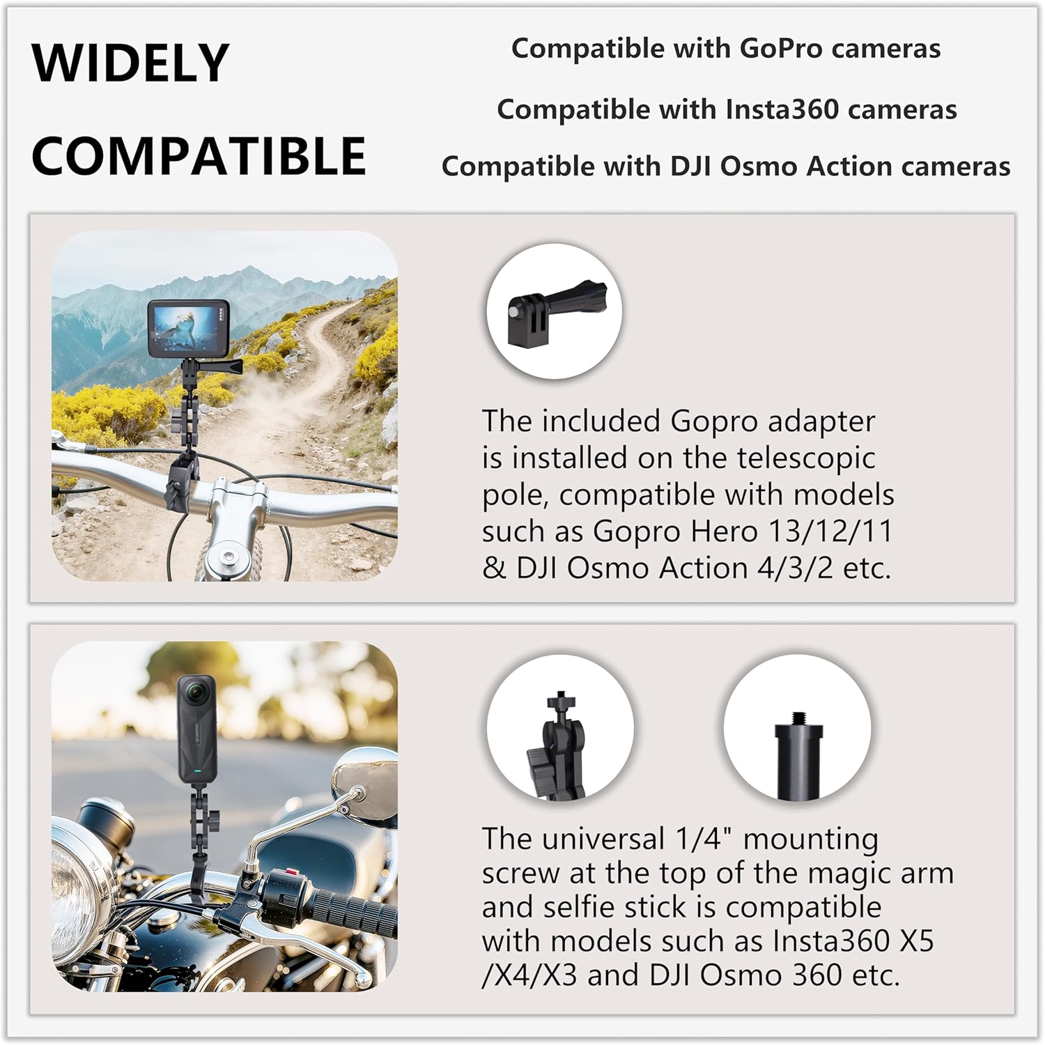 Motorcycle Camera Mount for Insta 360 x5,Adjustable GoPro Bike Extension Pole Kit Compatible with Insta360, GoPro, and DJI Cameras - Designed for Bike and Motorcycle Riding Shots