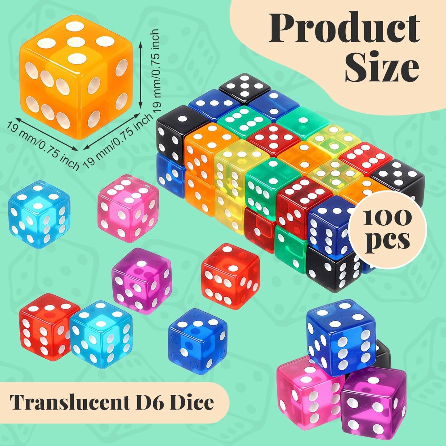 100 Piece 19 mm Casino Style Craps Dice Sets Acrylic and Translucent D6 Dice, Square W/Rounded Edge for Casino, Craps, Table Games and Board Games (Multicolor)