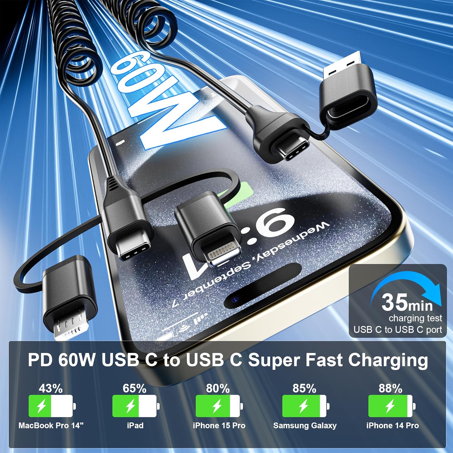 Coiled Multi Charging Cable - USB C Lightning Micro USB Cable 5 in 1 for Apple Carplay & Android Auto [MFi & PD60W & Data Sync] Coiled USB C Cable for iPhone 17 16 15 14 13 12 X Android Samsung Laptop