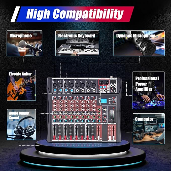8 Channel Audio Mixer, Bluetooth Studio Mixer Audio DJ Sound Board Controller with USB, Sound Mixer Console Mixing Board for Professional and Beginners (8 Channel)