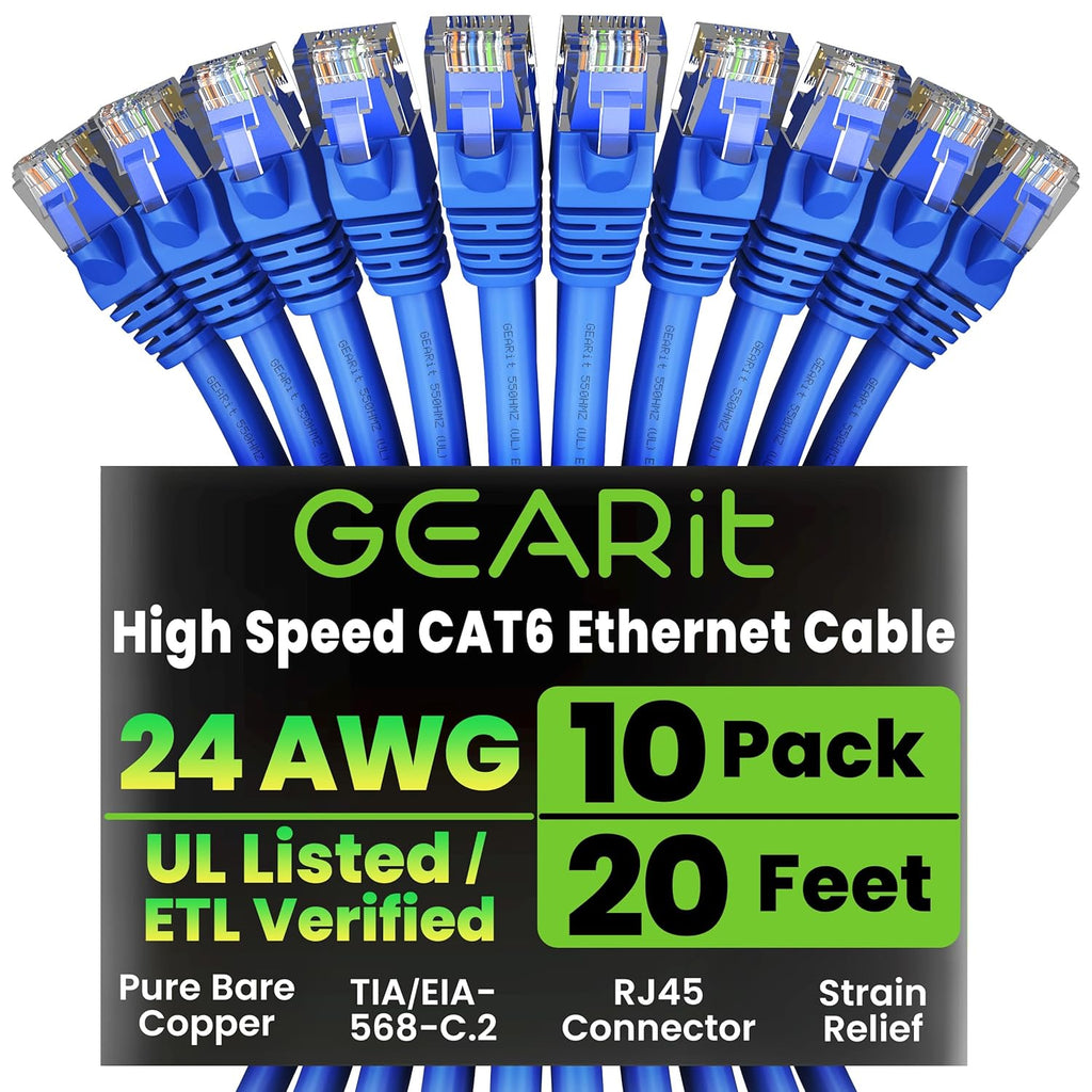 GearIT Cat 6 Ethernet Cable Pack - 10-Pack 20 ft Cat6 Ethernet Patch Cables | RJ45 Network Patch Cable, 10 Gbps Snagless Gold-Plated Connectors - Ethernet Cable Cat 6 for PC, TV, Router - Blue