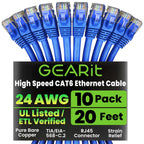 GearIT Cat 6 Ethernet Cable Pack - 10-Pack 20 ft Cat6 Ethernet Patch Cables | RJ45 Network Patch Cable, 10 Gbps Snagless Gold-Plated Connectors - Ethernet Cable Cat 6 for PC, TV, Router - Blue
