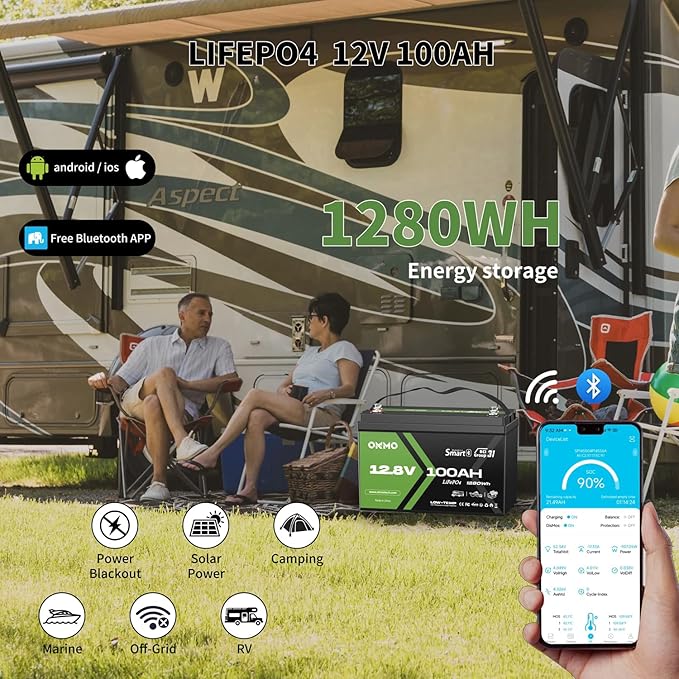 OKMO 12V 100Ah LiFePO4 Battery, Lithium Battery 100A BMS, 10 Years Lifetime 15000+ Deep Cycles,for Marine, RV, Trolling Motor, Boat, Camper, Solar Home Iron Phosphate, Low Temperature Protection