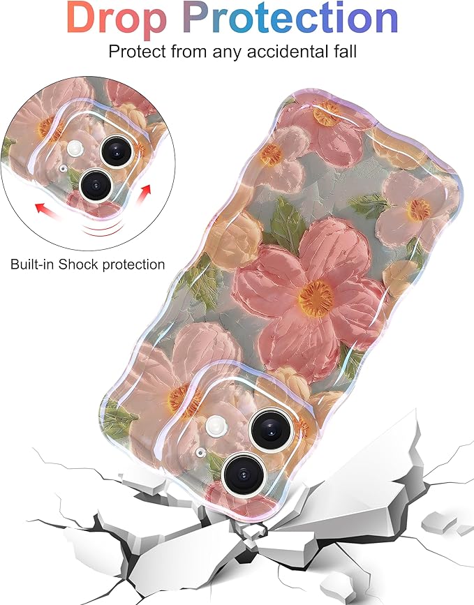 Jusy Case for iPhone 11, Colorful Retro Oil Painting Printed Flower Laser Blue Glossy Pattern Cute Curly Wave Phone Case Soft TPU Cover for Girly Women -Green