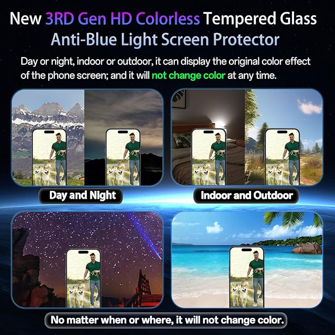 Screen Protector for iPhone 16&15 [6.1 Inch],3RD Colorless Anti-Blue Light Tempered Glass Films,HD Clear, 9H Hardness, No Bubbles, Case Friendly 2 Pack