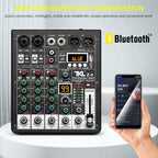 4 Channel Audio Mixer, Professional DJ Mixer Sound Board Mixing Console with 99-Bit DSP Effect, Bluetooth USB Interface Stereo Mixer Board with 48V Phantom Power For Recording Live Stream
