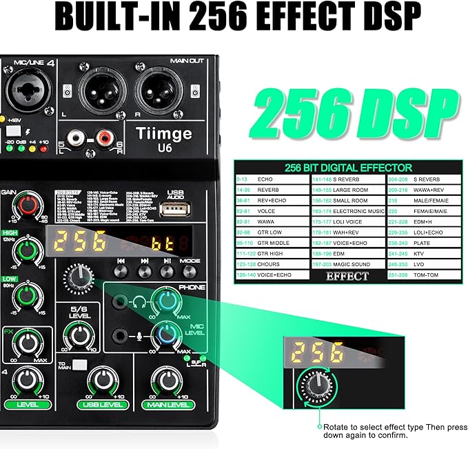 Professional 6-Channel Audio Mixer with 256 DSP Effects,48V Phantom Power,Bluetooth,MP3,USB Recording Input,Portable Sound Mixing Console for Streaming,DJ Show,Karaoke