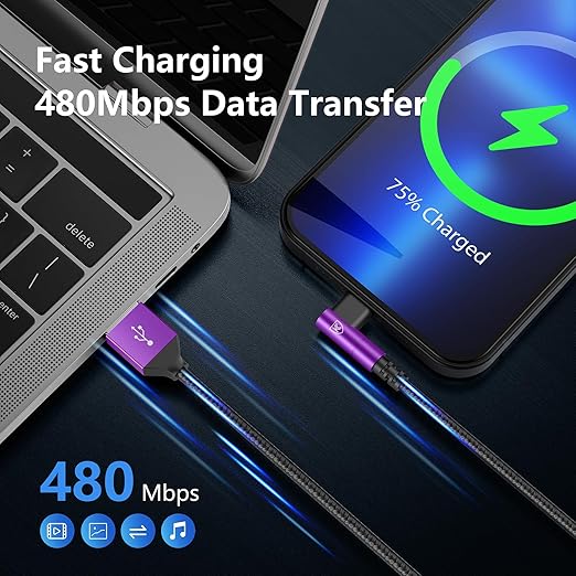10ft iPhone Charger Cable,3Pack 90 Degree Lightning Cable, [Apple MFi Certified] Long Fast Charging Cord Compatible for iPhone 14/13/12/11/Pro/Max/Mini/X/Plus/8/7/6/Plus/ - Purple