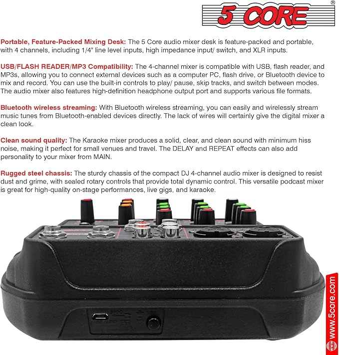 5 Core Audio Mixer 4 Channel DJ Mixing Board Small Bluetooth USB Analog Mezclador De Audio w Phantom Power Console for Live Recording Podcast Karaoke PARENT MX 4CH (Black)