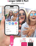 MOSDART 256GB USB3.1 Fast Speed C and A Dual Flash Drive, exFAT Memory Stick with Keychain and LED Indicator, for iPhone 15 and 16, Android Phone, iPad, MacBook, and Other Laptops, Hot Pink