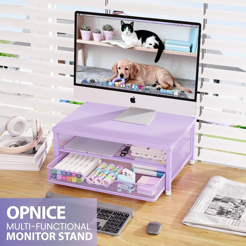 Desk Organizers and Accessories, 2-Tier Computer Monitor Stand Riser with Drawer, Laptop Stand, Office Desk Accessories, Workspace Desktop Organizer for Office Supplies, Purple