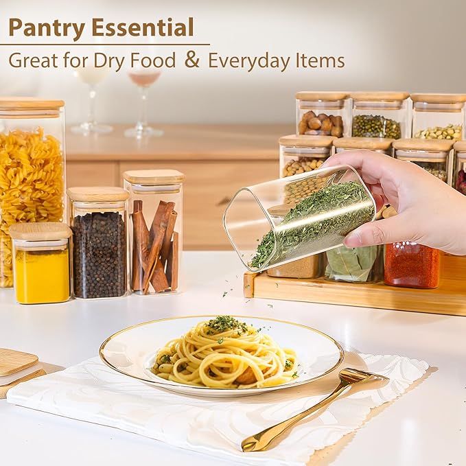 12 Pack 8 oz Square Glass Spice Jars with Lids and Labels – Airtight Small Spice Containers Set, Clear Glass Storage Jars for Seasoning, Spices, Kitchen Pantry Organization