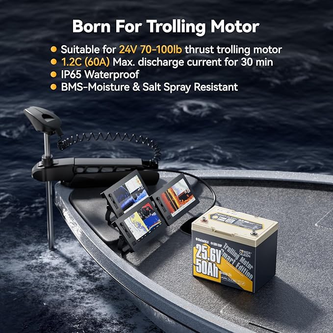Power Queen 24V50Ah LiFePO4 Battery with Bluetooth 5.0 Remote Control, Low-temperature Protection, 1280Wh Energy, Deep Cycle Lithiumn Battery for 24V Trolling Motor Up To 100 lbs