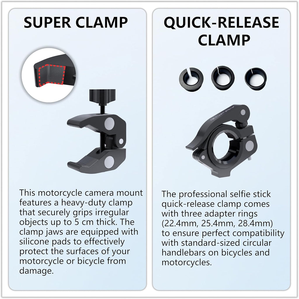 Motorcycle Camera Mount for Insta 360 x5,Adjustable GoPro Bike Extension Pole Kit Compatible with Insta360, GoPro, and DJI Cameras - Designed for Bike and Motorcycle Riding Shots