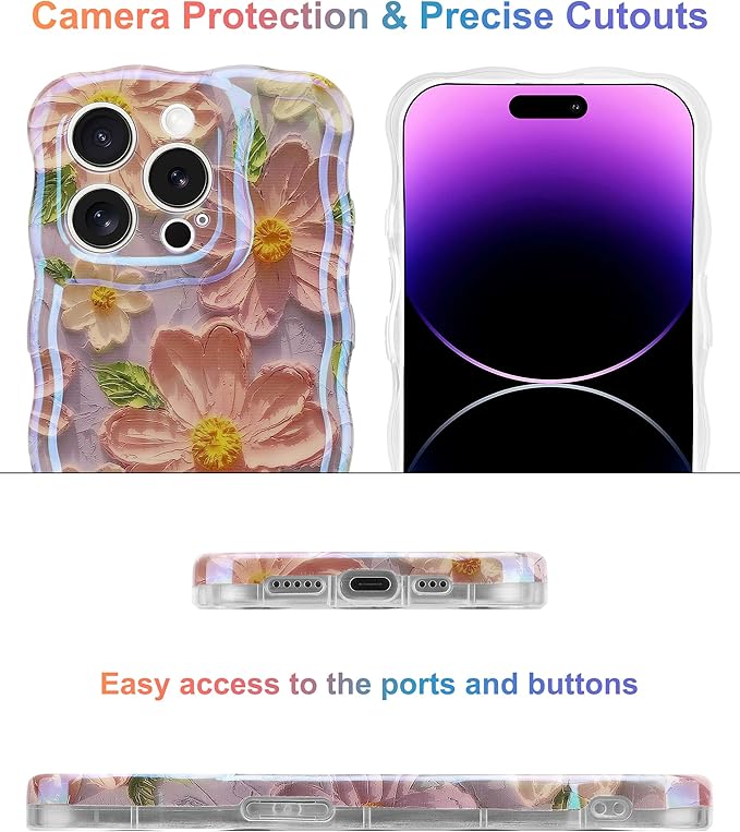 Jusy Compatible with iPhone 15 Pro Max, Colorful Retro Oil Painting Printed Flower Laser Glossy Pattern Cute Curly Wave Phone Case Soft TPU Cover for Girly Women - Light Purple