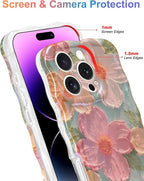 Jusy Case for iPhone 15 Pro, Colorful Retro Oil Painting Printed Flower Laser Blue Glossy Pattern Cute Curly Wave Phone Case Soft TPU Cover for Girly Women -Green