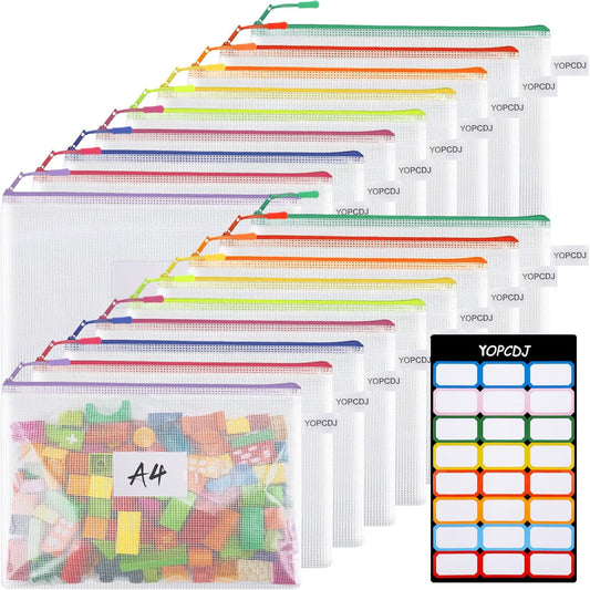18 Pack A4 Mesh zipper pouch bags, Zipper Bags with Label Pocket,Zipper Pouches of office supplies,File Bags for Classroom Organization,Puzzles, Board Game Storage