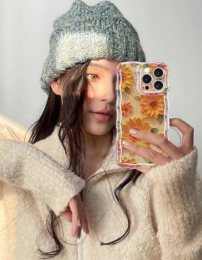 Jusy Compatible with iPhone 14 Pro Max, Colorful Retro Oil Painting Printed Flower Laser Glossy Pattern Cute Curly Wave Phone Case Soft TPU Cover for Girly Women - Sunflower