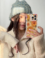 Jusy Compatible with iPhone 14 Pro Max, Colorful Retro Oil Painting Printed Flower Laser Glossy Pattern Cute Curly Wave Phone Case Soft TPU Cover for Girly Women - Sunflower