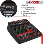 5 Core Audio Mixer 4 Channel DJ Mixing Board Small Bluetooth USB Analog Mezclador De Audio w Phantom Power Console for Live Recording Podcast Karaoke PARENT MX 4CH (Black)