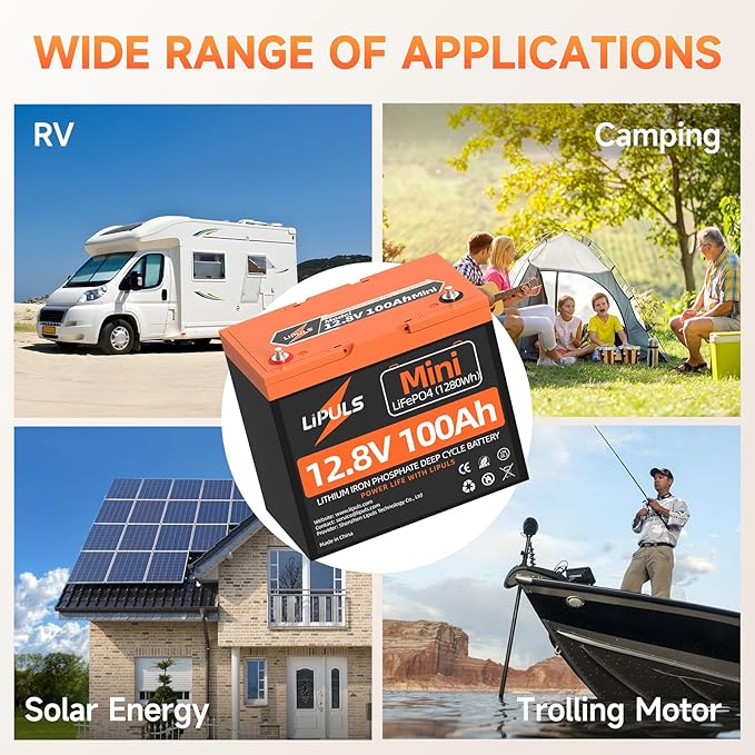 12V100Ah Mini LiFePO4 Lithium Battery, 100Ah Lithium Deep Cycle Battery, Max.1280Wh, 100A BMS, 15000 Cycles, Perfect for Trolling Motor, RV, Camping, Solar Panel