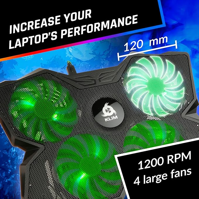 KLIM Wind Laptop Cooling Pad - Support 11 to 17 Inch Laptops, PS4-4 Fans - Light, Quiet, Powerful Cooling - Gamer USB Slim Portable Laptop Stand - New 2021 Version - Green