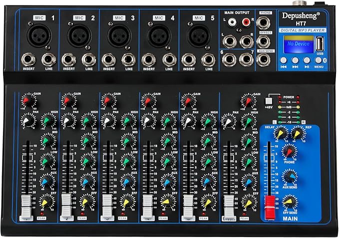 Depusheng HT7 Bluetooth Portable Audio Mixer w/USB DJ Sound Mixing Console MP3 Jack 48V Power for Computer Recording, 7-Channel Bands Mixing Boards For Studio Recording