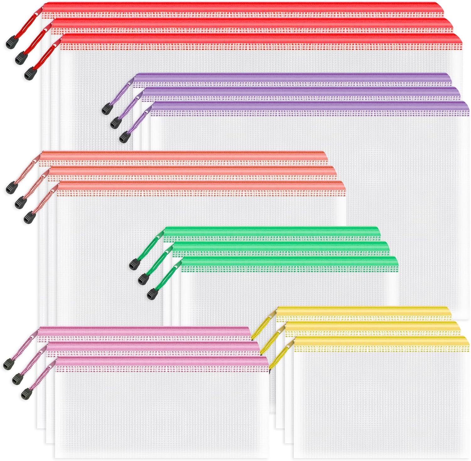 Umriox Zipper Mesh Document Pouch, 6 Assorted Size (6 Colors, 18 Packs), Clear Zipper Pouches, Waterproof Zipper Pouches for Craft Projects Office Supplies Cosmetics Travel Storage