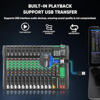 12 Channel Audio Mixer, Professional DJ Mixer Board Sound Music Mixing Console Digital Mixer with Reverb, Bluetooth, USB Port, 48V Phantom Power for Recording Karaoke Podcasting