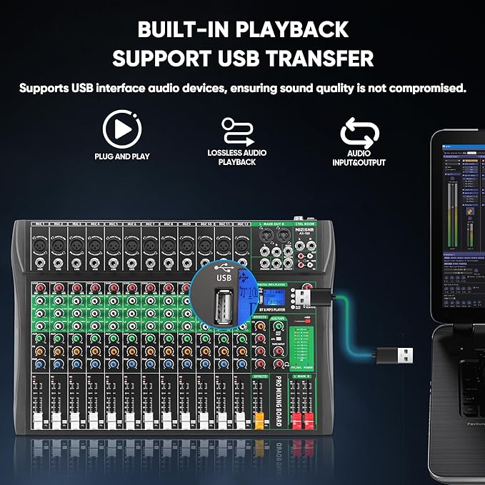 12 Channel Audio Mixer, Professional DJ Mixer Board Sound Music Mixing Console Digital Mixer with Reverb, Bluetooth, USB Port, 48V Phantom Power for Recording Karaoke Podcasting