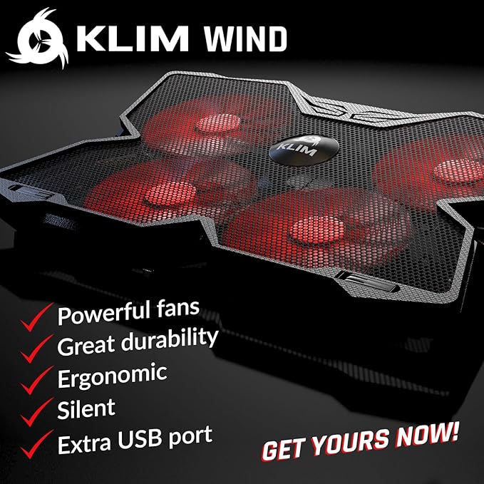 KLIM Wind Laptop Cooling Pad - More Than 500 000 Units Sold - New - The Most Powerful Rapid Action Cooling Fan - Laptop Stand with 4 Fans at 1200 RPM - USB - PS5 PS4 - Red