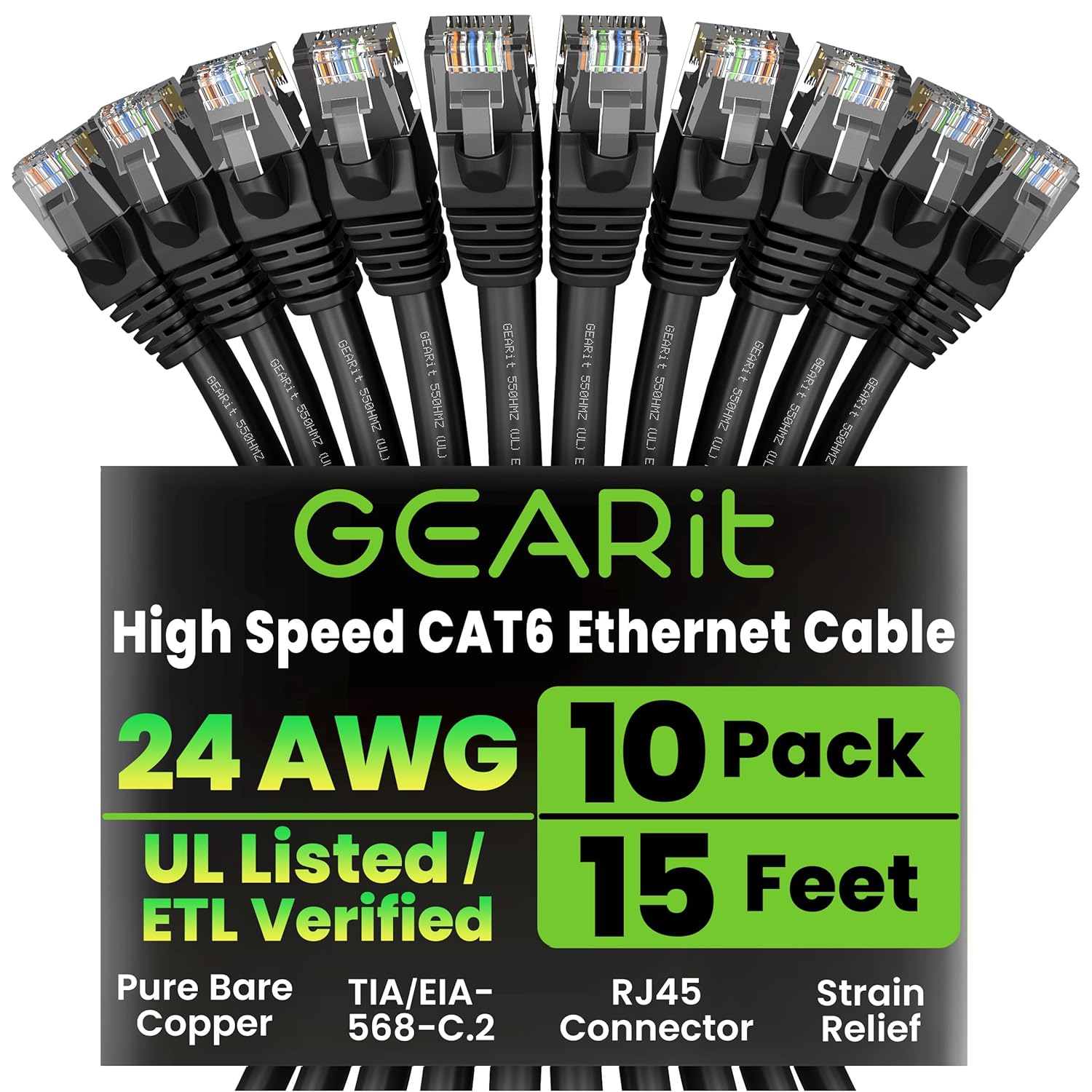 GEARit Cat 6 Ethernet Cable Pack - 10-Pack 15 ft Cat6 Ethernet Patch Cables | RJ45 Network Patch Cable, 10 Gbps Snagless Gold-Plated Connectors - Ethernet Cable Cat 6 for PC, TV, Router - Black