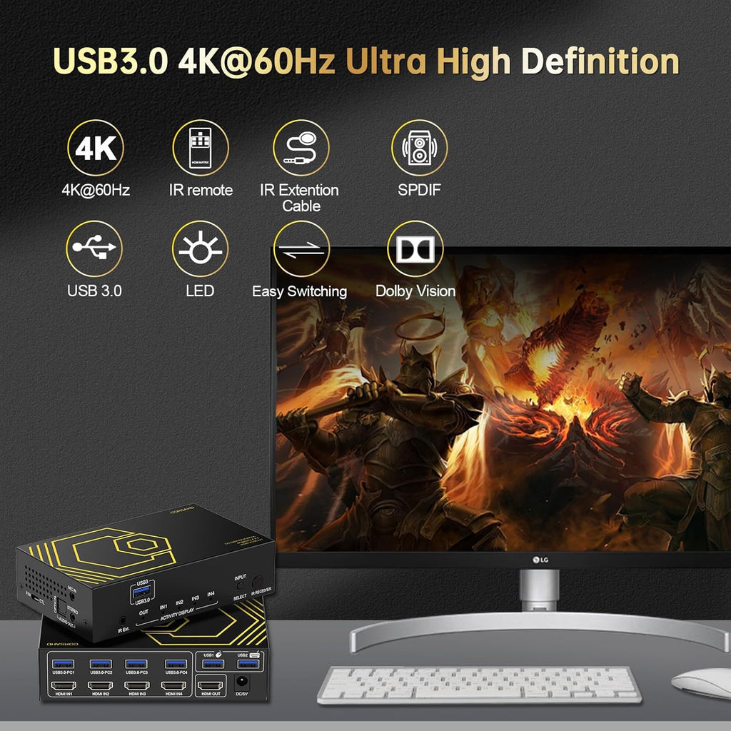 4K@60Hz HDMI KVM Switch USB3.0 4 Computers 1 Monitors HDMI 4 Port KVM Switches for 4 PC Share 1 Monitor and 4 USB 3.0 Devices SPDIF L/R Mic Audio with IR Remote Control and 4xUSB 3.0 Cables