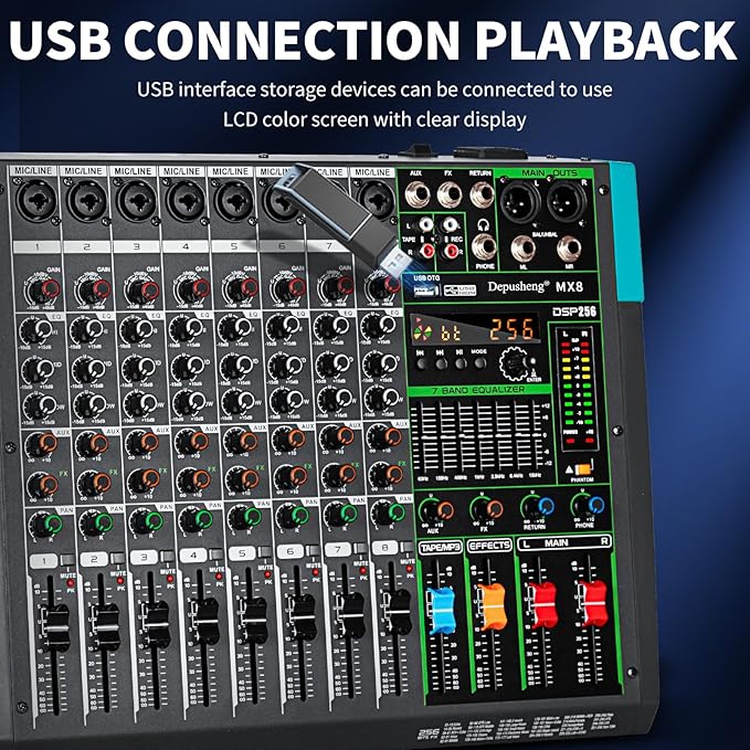 Depusheng MX8 8 Channel Sound Mixer Audio Mixing Console 48V 256DSP Professional USB PC Play Record Podcast Live Broadcast (US MX8)