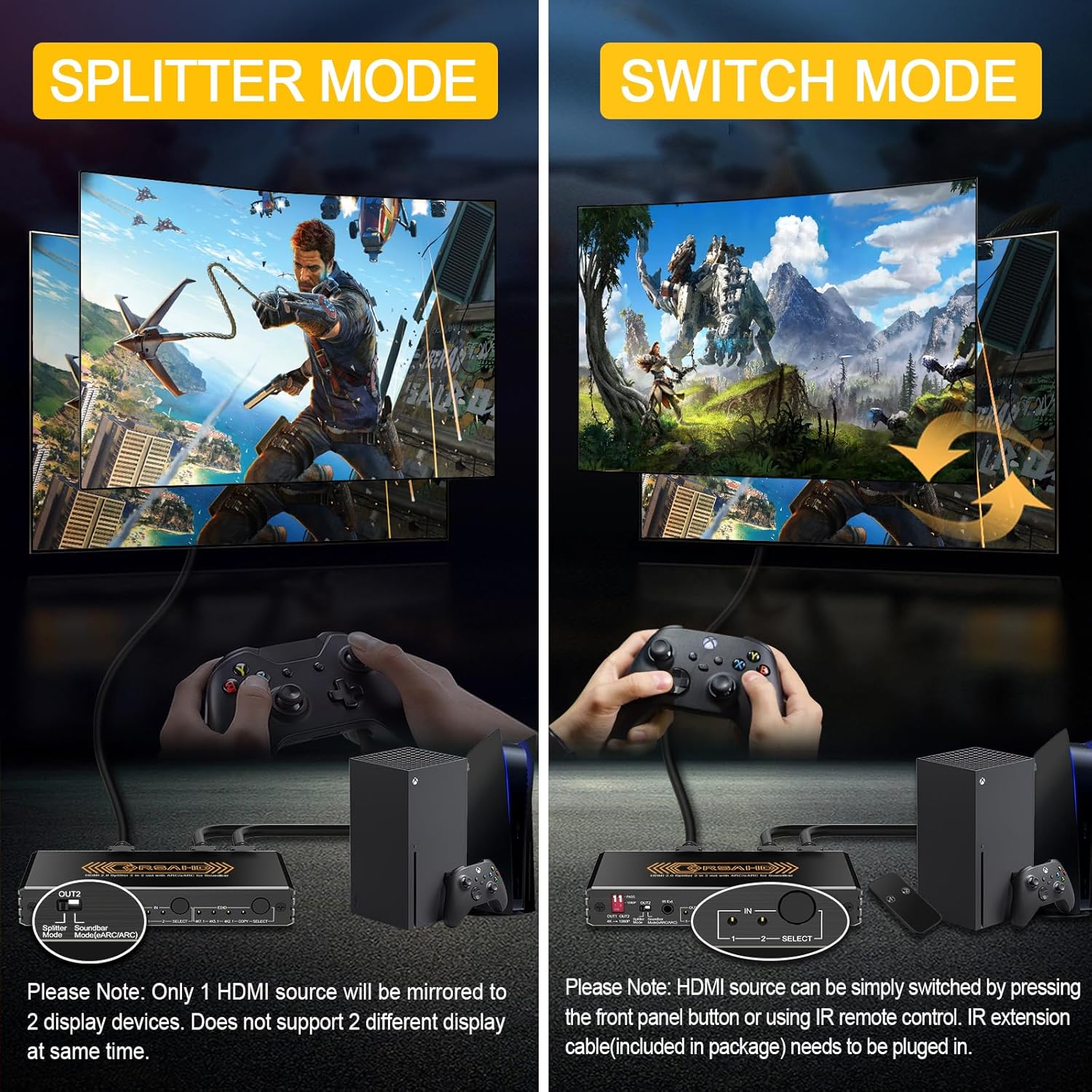 4K@60Hz HDMI 2.0 Splitter 2 in 2 Out with Audio Extractor Supports ARC,e-ARC,Soundbar,Downscale,HDCP Bypass,HDR,CEC,EDID,SPDIF,IR Remote,HDMI Swtich 2 in for soundbar