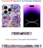 Jusy Compatible with iPhone 14 Pro, Colorful Retro Oil Painting Printed Flower Laser Glossy Pattern Cute Curly Wave Phone Case Soft TPU Cover for Girly Women -Purple