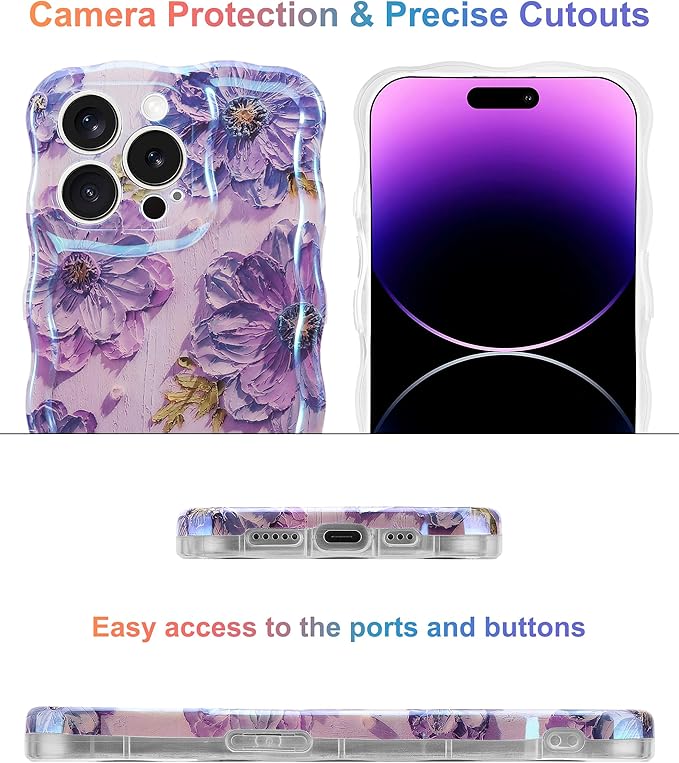 Jusy Compatible with iPhone 15 Pro Max, Colorful Retro Oil Painting Printed Flower Laser Glossy Pattern Cute Curly Wave Phone Case Soft TPU Cover for Girly Women -Purple