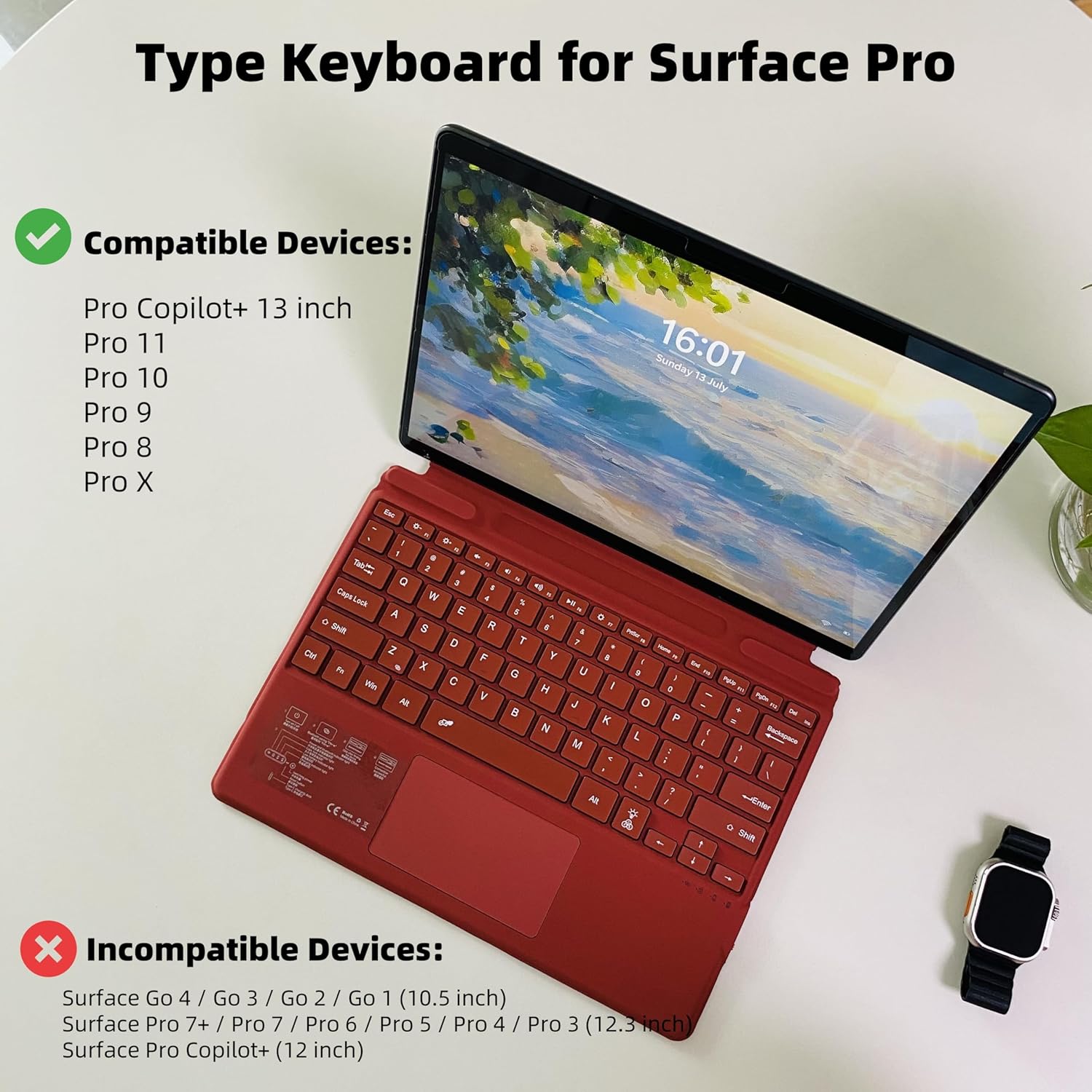Keyboard for Microsoft Surface Pro Copilot+ (11th Edition) / Pro 11 / Pro 10 / Pro 9 / Pro 8 / Pro X, 13 inch, Detachable Type Cover with Touchpad, 7-Color Backlit & Pen Holder (Red)