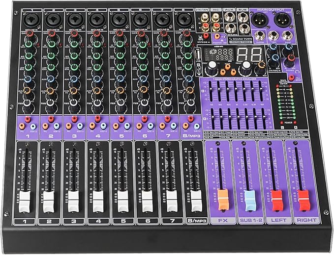 Sound Town 8-Channel Professional Audio Mixer with 99 DSP, USB MP3 Bluetooth, Dual 7-band EQ, 48V Phantom Power & Mute, Recording (TRITON-TX802)