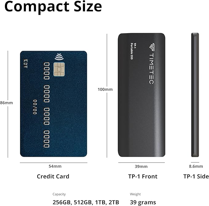 Timetec 1TB Portable External SSD USB3.2 Gen2 Type C Up to 550MB/s Ultra-Light Aluminum Mini External Solid State Drive with USB C to A Cable/USB A to C Adapter for Desktops/Laptop/Mac/Mobile - Black