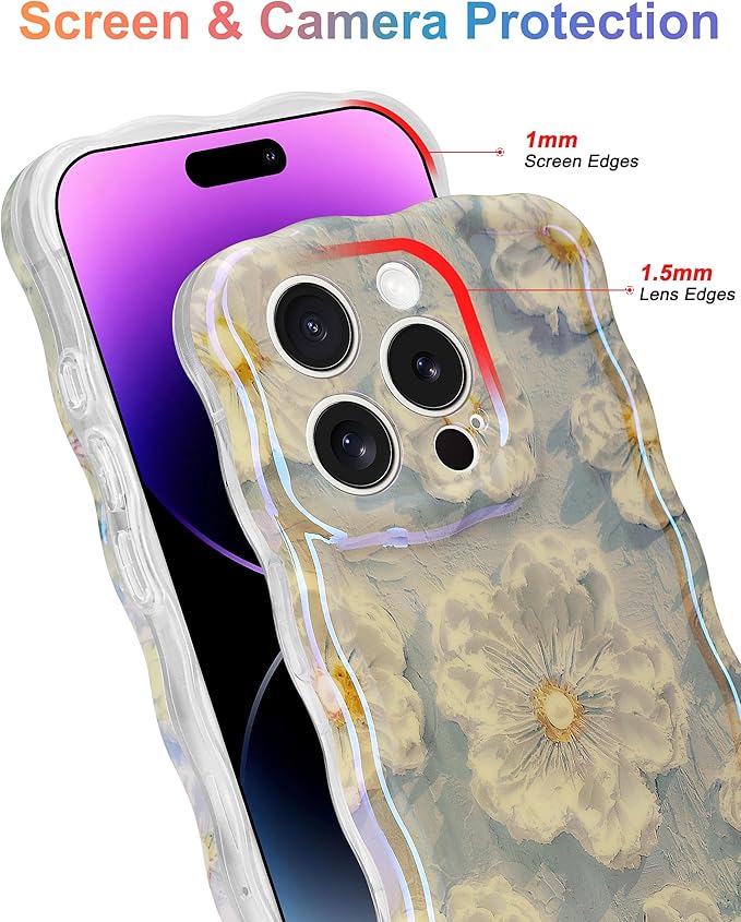 Jusy Compatible with iPhone 15 Pro, Colorful Retro Oil Painting Printed Flower Laser Glossy Pattern Cute Curly Wave Phone Case Soft TPU Cover for Girly Women -Light Blue