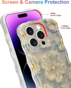Jusy Compatible with iPhone 15 Pro, Colorful Retro Oil Painting Printed Flower Laser Glossy Pattern Cute Curly Wave Phone Case Soft TPU Cover for Girly Women -Light Blue