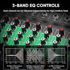 8 Channel Audio Mixer, Professional DJ Mixer Board Sound Music Mixing Console Digital Mixer with Reverb, Bluetooth, USB Port, 48V Phantom Power for Recording Karaoke Podcasting