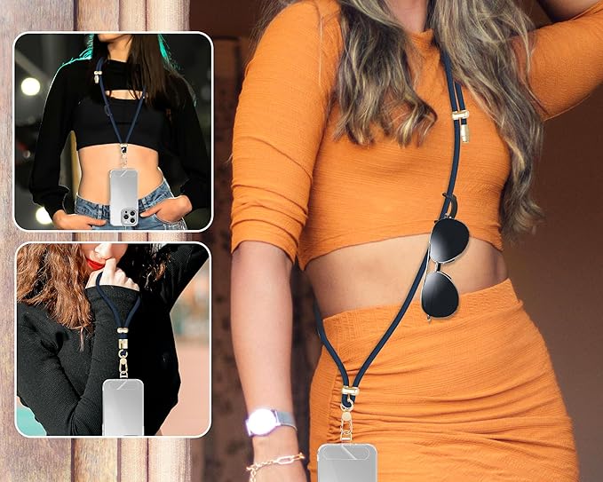 Cell Phone Lanyard Adjustable Crossbody Phone Lanyard *1 Phone Wrist Strap *1 with Deluxe Gold Matal Buckle + Clear Tether Tabs *2 for Shopping Travelling Hiking(Dark Blue)