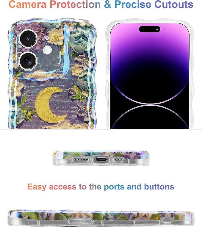 Jusy Compatible with iPhone 12, Colorful Retro Oil Painting Printed Flower Laser Glossy Pattern Cute Curly Wave Phone Case Soft TPU Cover for Girly Women - Purple Moon