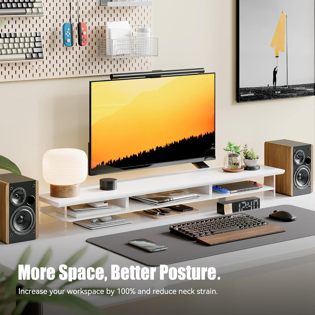 Dual‑Tier Monitor Stand for Modern Desk Setup – Minimalist Wooden and Metal Riser Shelf with Transparent Acrylic Feet for Dual Monitors, Laptops, Home Office Aesthetic，White